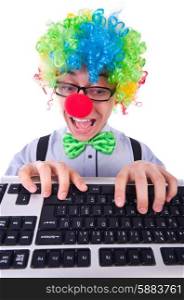 Funny guy with clown wig on white