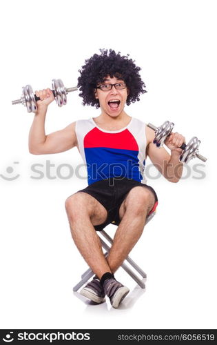 Funny guy with dumbbels on white