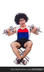 Funny guy with dumbbels on white