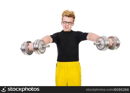 Funny guy with dumbbels on white