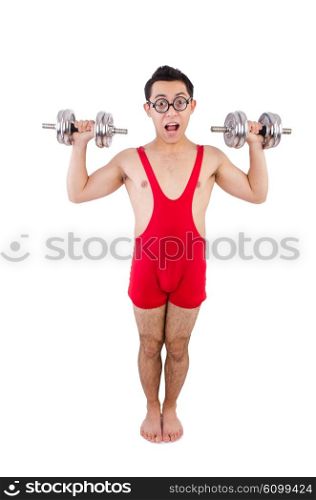 Funny guy with dumbbels on white