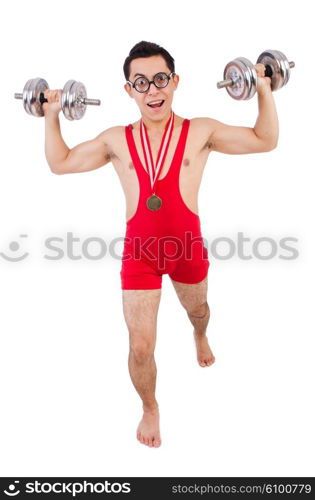 Funny guy with dumbbels on white