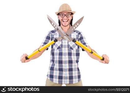 Funny guy with garden shears on white