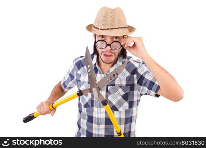 Funny guy with garden shears on white