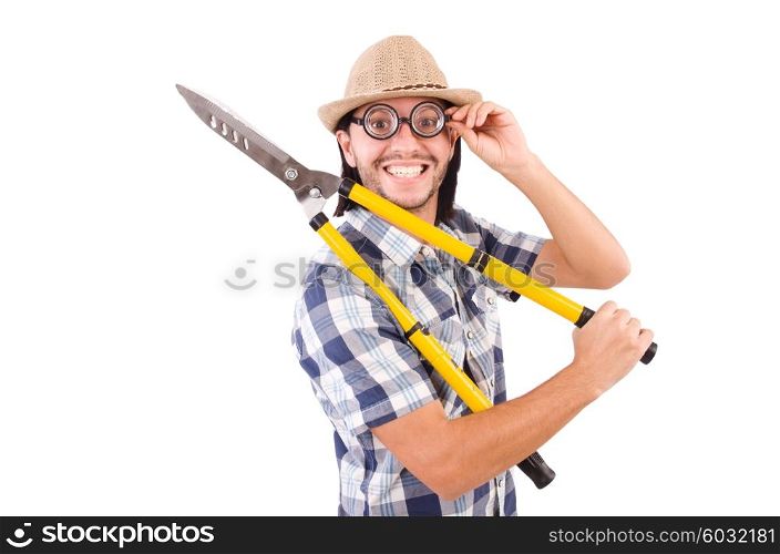 Funny guy with garden shears on white