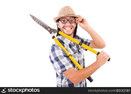 Funny guy with garden shears on white