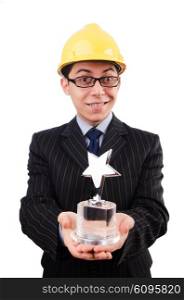 Funny guy with prize and hardhat