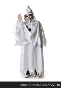 Funny halloween kid in costume with raised arm, waving hello, skeleton, zombie, ghost, wizard isolated on white background. Halloween kid in costume waving hello