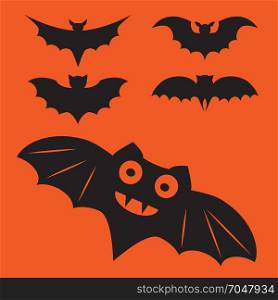 Funny halloween mystery vampire silhouettes. Dark spooky bats monsters isolated from orange background.