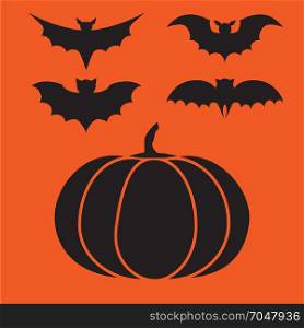 Funny halloween mystery vampire silhouettes. Dark spooky bats monsters isolated from orange background.. Funny halloween mystery vampire silhouettes. Dark spooky bats monsters isolated from orange background. Black cartoon little spider. Simple image with hat and pumpkin for halloween party.