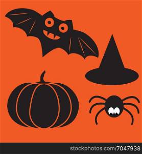 Funny halloween mystery vampire silhouettes. Dark spooky bats monsters isolated from orange background.. Funny halloween mystery vampire silhouettes. Dark spooky bats monsters isolated from orange background. Black cartoon little spider. Simple image with hat and pumpkin for halloween party.