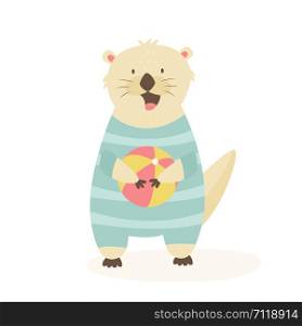 Funny happy otter in a swimming suit with a beachball. Animal character vector illustration. Print design. Funny happy otter in a swimming suit with a ball