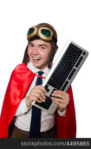 Funny hero with keyboard isolated on the white