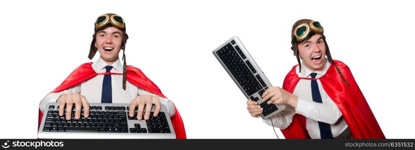 Funny hero with keyboard isolated on the white