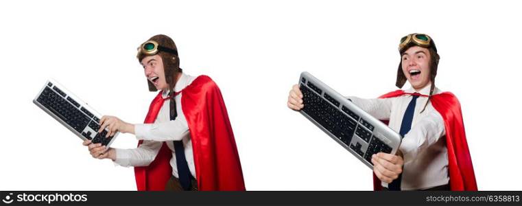 Funny hero with keyboard isolated on the white