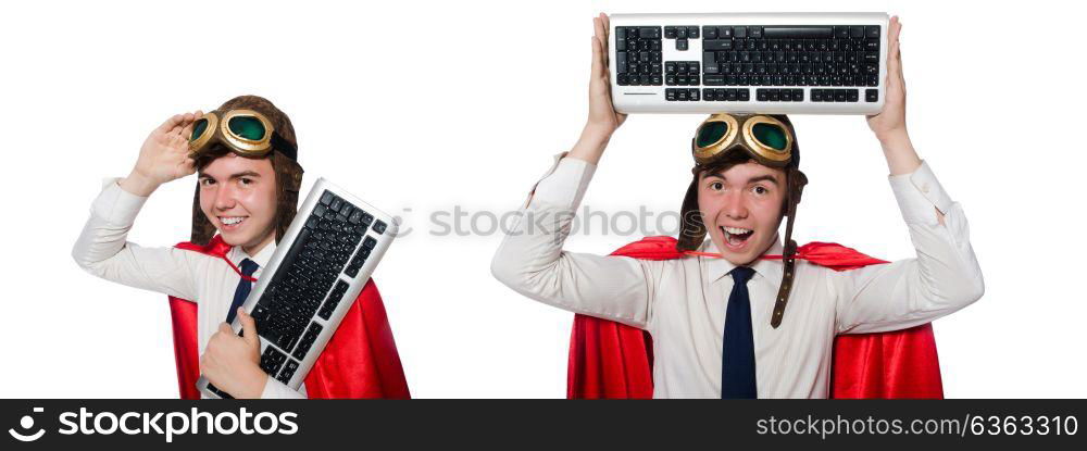 Funny hero with keyboard isolated on the white