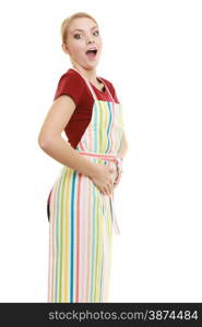 Funny housewife in striped kitchen apron or small business owner entrepreneur shop assistant isolated on white