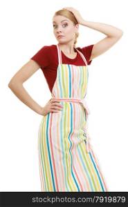 Funny housewife in striped kitchen apron or small business owner entrepreneur shop assistant isolated on white