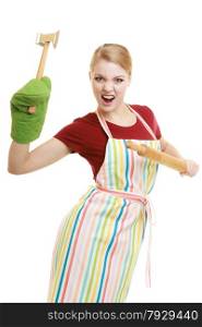 Funny housewife or baker chef wearing kitchen apron holds baking rolling pin meat hammer utensil isolated on white