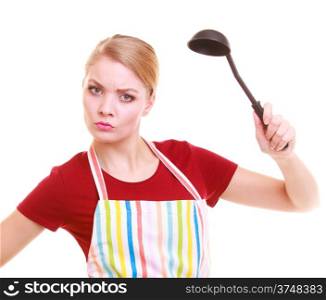 Funny housewife or cooker chef in colorful kitchen apron with ladle isolated studio shot