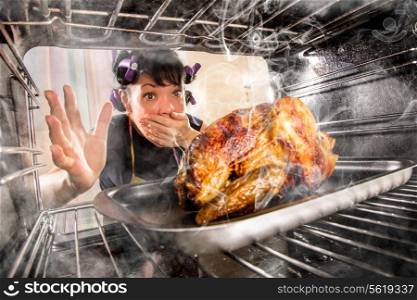 Funny Housewife overlooked roast chicken in the oven, so she had scorched, view from the inside of the oven. Housewife perplexed and angry. Loser is destiny!