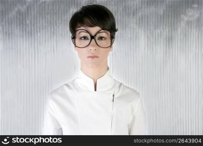 funny humor futuristic woman big glasses portrait over silver background