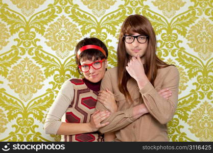 Funny humor silly nerd couple on retro vintage wallpaper background