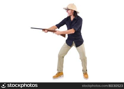 Funny hunter wearing safari hat