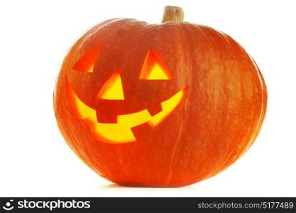 Funny Jack O Lantern halloween pumpkin with candle light inside isolated on white background