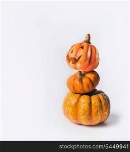 Funny Jack Pumpkin, head make from fresh carving pumpkins on white background with copy space for text, front view