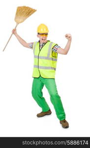 Funny janitor with broom isolated on white