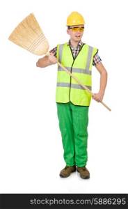 Funny janitor with broom isolated on white