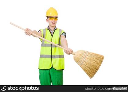 Funny janitor with broom isolated on white
