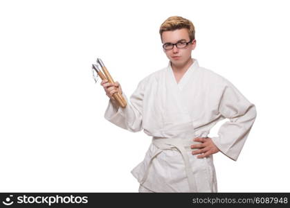 Funny karate fighter with nunchucks on white