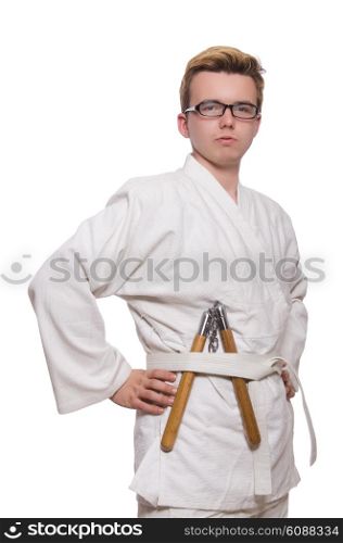 Funny karate fighter with nunchucks on white