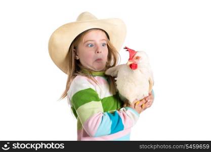 Funny kid girl expression surprised gesture scared about hen on white background