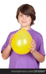 Funny kid with a yellow balloon isolated on a white background