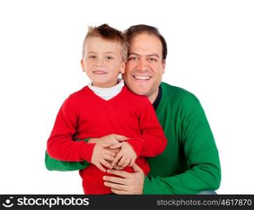 Funny kid with red jersey with his dad isolated on a white background