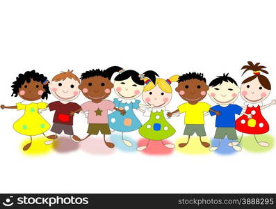 Funny kids of different races on a white background