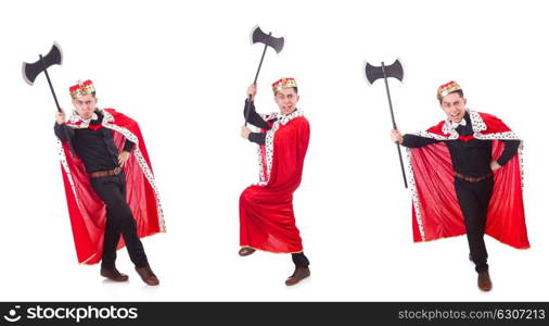 Funny king with axe isolated on white