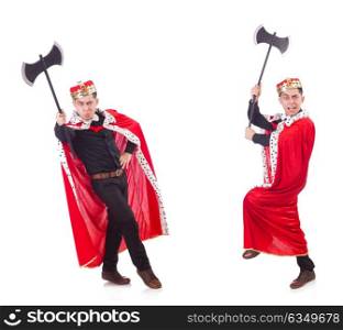 Funny king with axe isolated on white