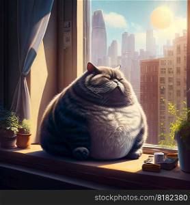 Funny lazy fat cat cartoon looking trough window in appartment, in the city morning light. Pet concept generative AI. Funny lazy fat cat cartoon looking trough window in appartment, in the city morning light. Pet concept