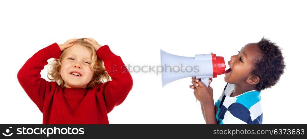 Funny little boy shouting through a megaphone to his friend. Isolated on white background