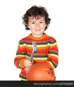 Funny little boy with a hammer for break the moneybox
