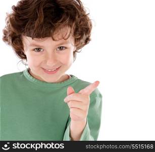 Funny little child in green isolated on a white background