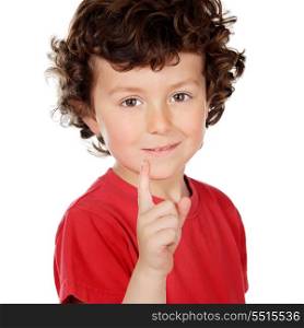 Funny little child in red isolated on a white background