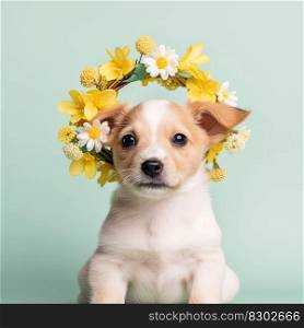 Funny little dog with a colorful flower crown. Generative AI