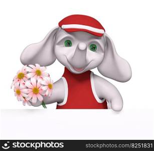 Funny little elephant character holding flowers in hands and poster 3d rendering