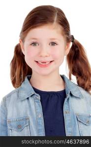 Funny little girl toothless with pigtails isolated on a white background