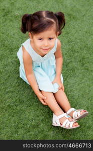 Funny little girl with pigtails sitting on the grass